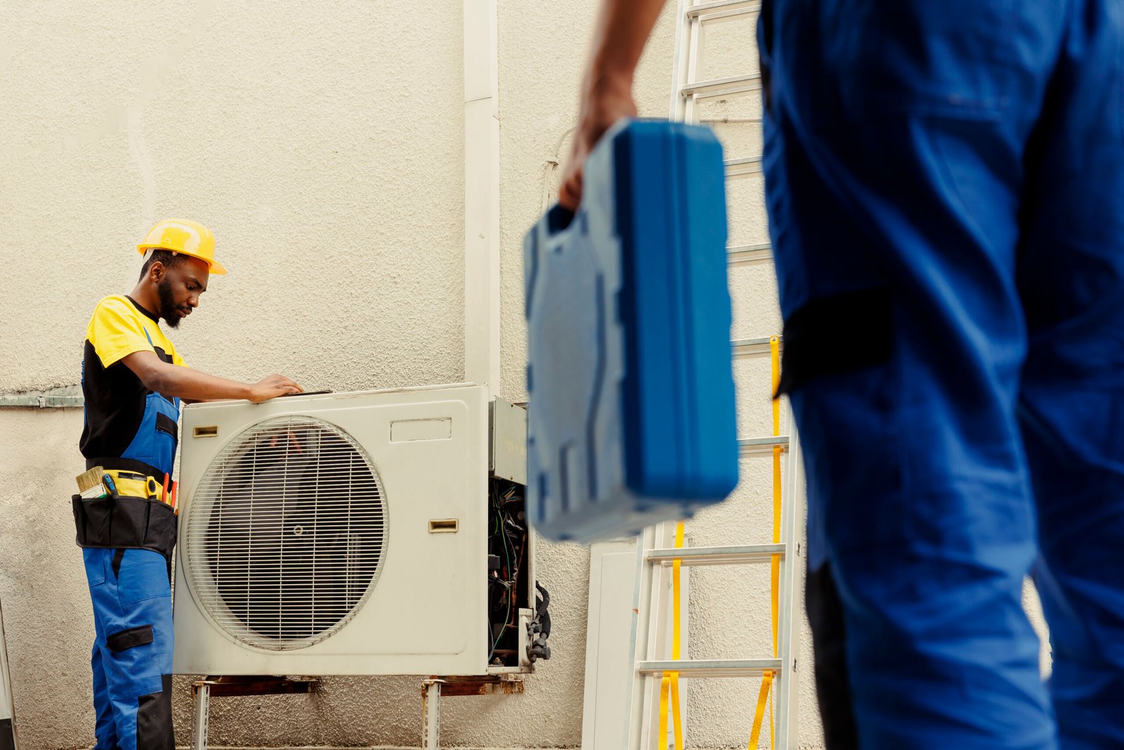 Engineer arriving on location to help apprentice mend busted electric coils in damaged external air conditioner. Technicians comissioned to prevent internal parts breakdowns, ensuring timely repair